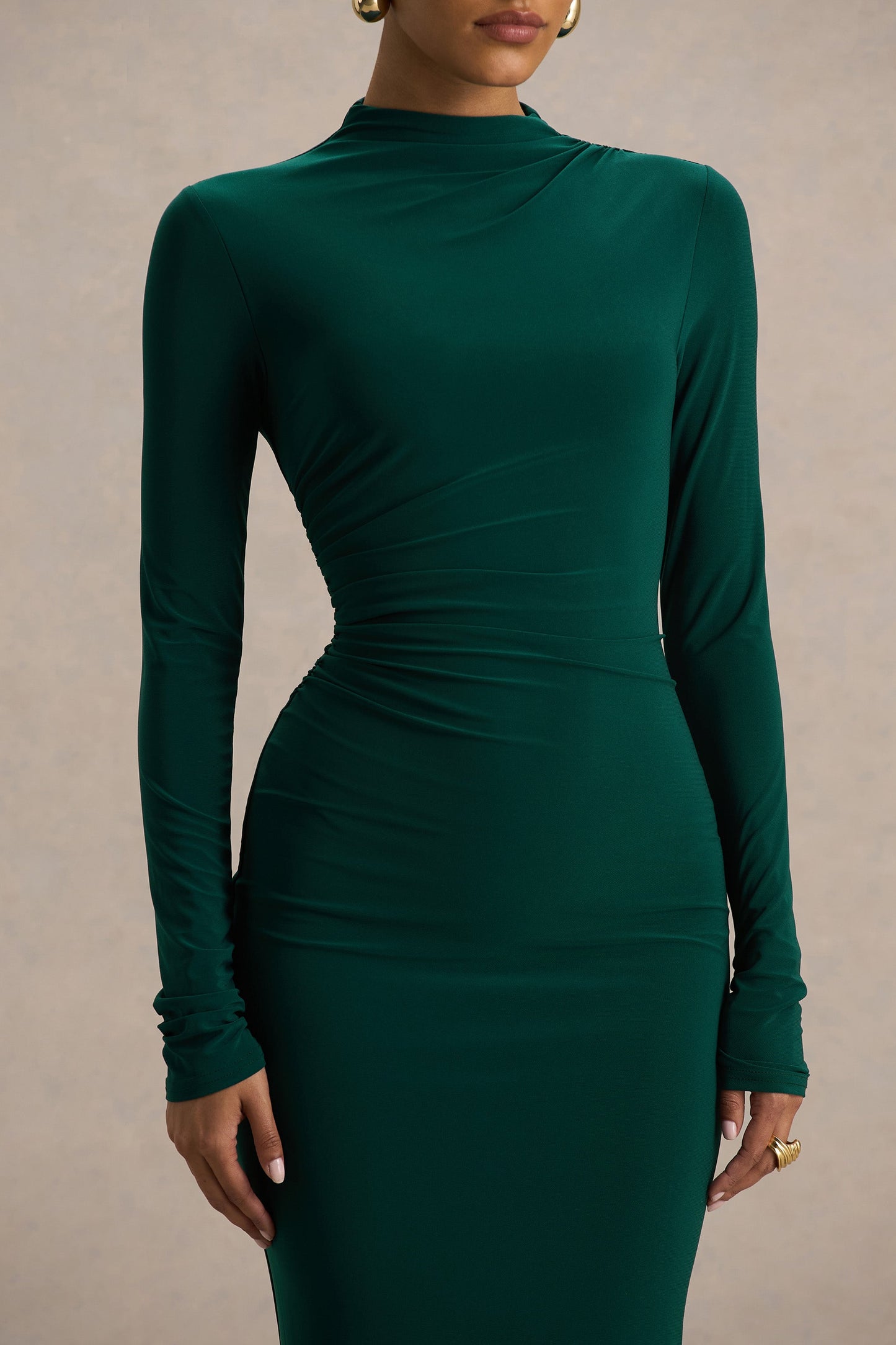 Eden |  Bottle Green High-Neck Maxi Dress With Ruched Detailing