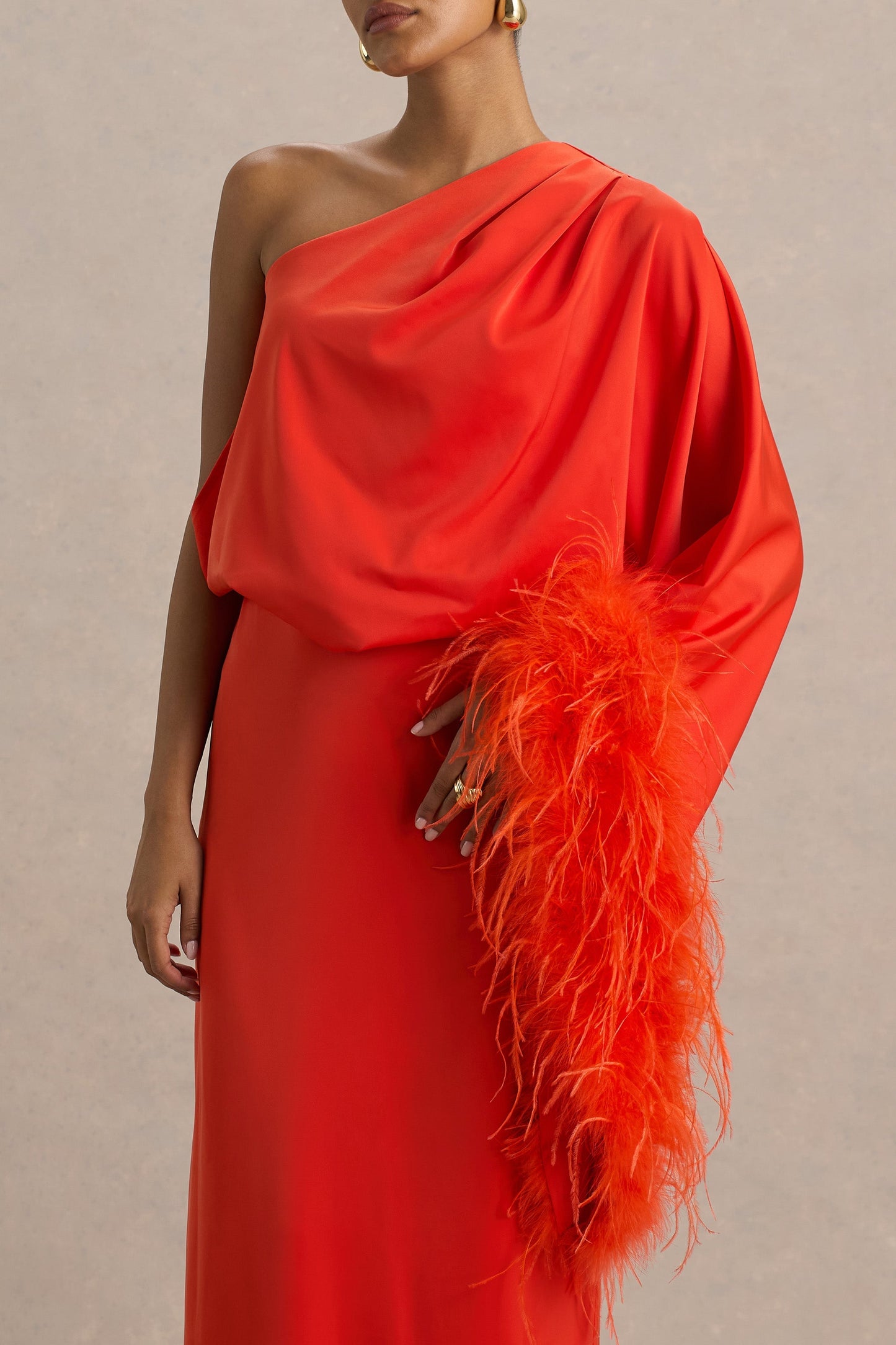 Felicity | Orange Satin Asymmetric-Neck Maxi Dress With Feather and Ruching Details