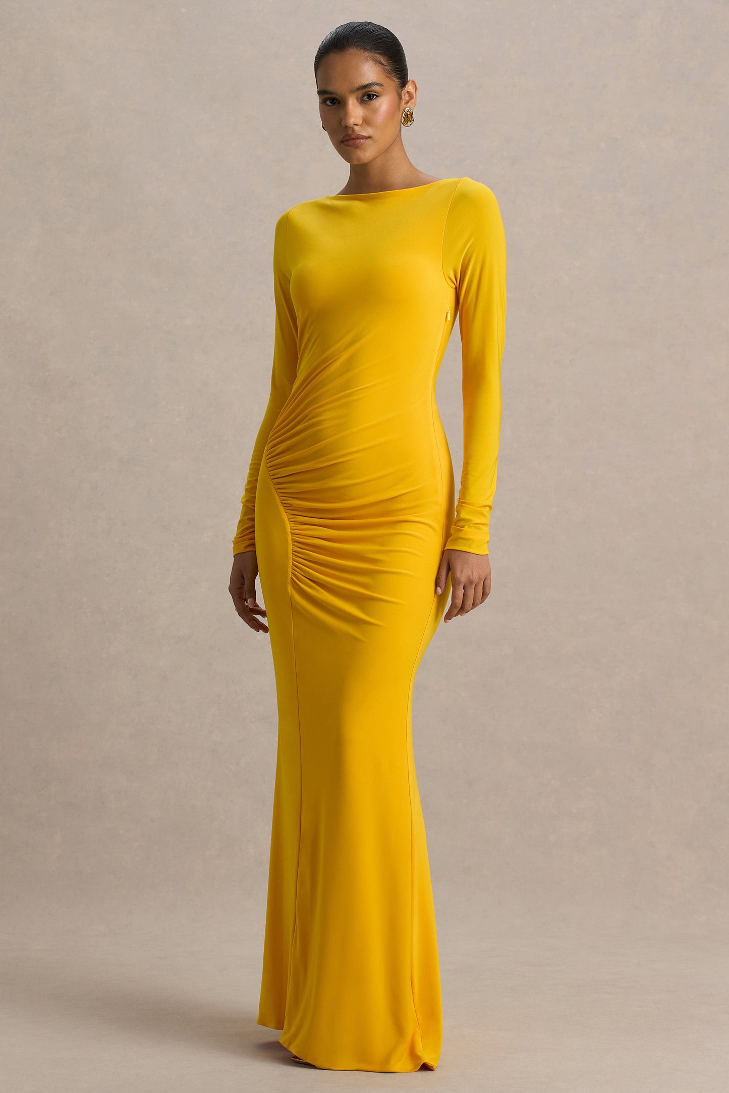 Diva | Yellow Slashed-Neck Maxi Dress With Ruched Detailing