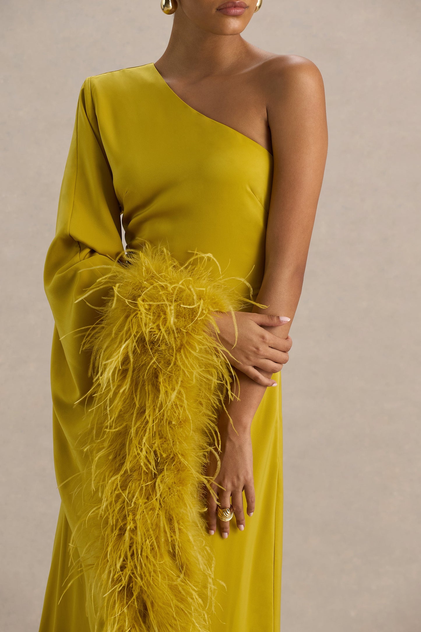 Destiny | Yellow Satin Asymmetric-Neck Midi Dress With Feather Details