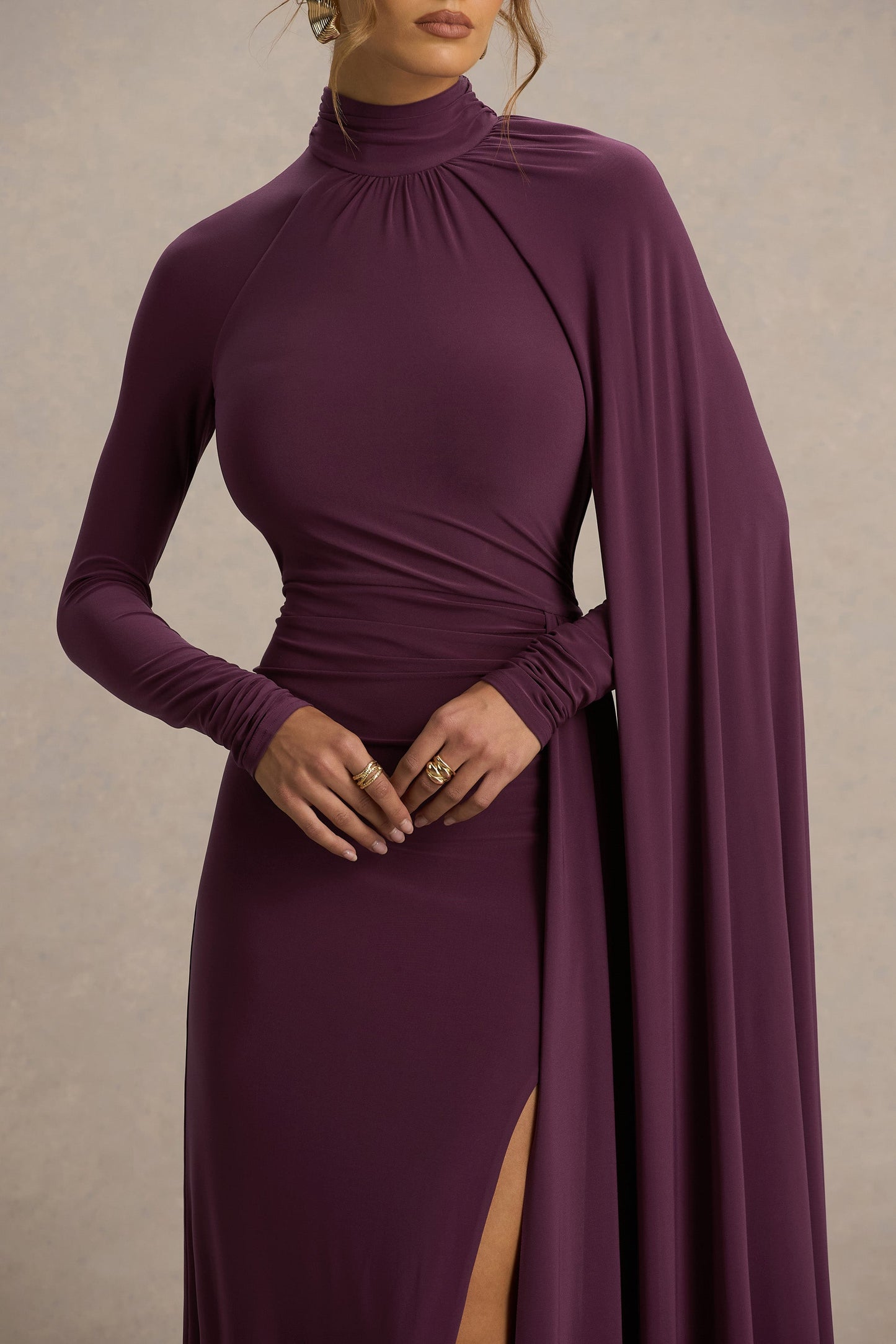 Anticipation | Burgundy High-Neck Maxi Dress With Front Split And Ruched Detailing