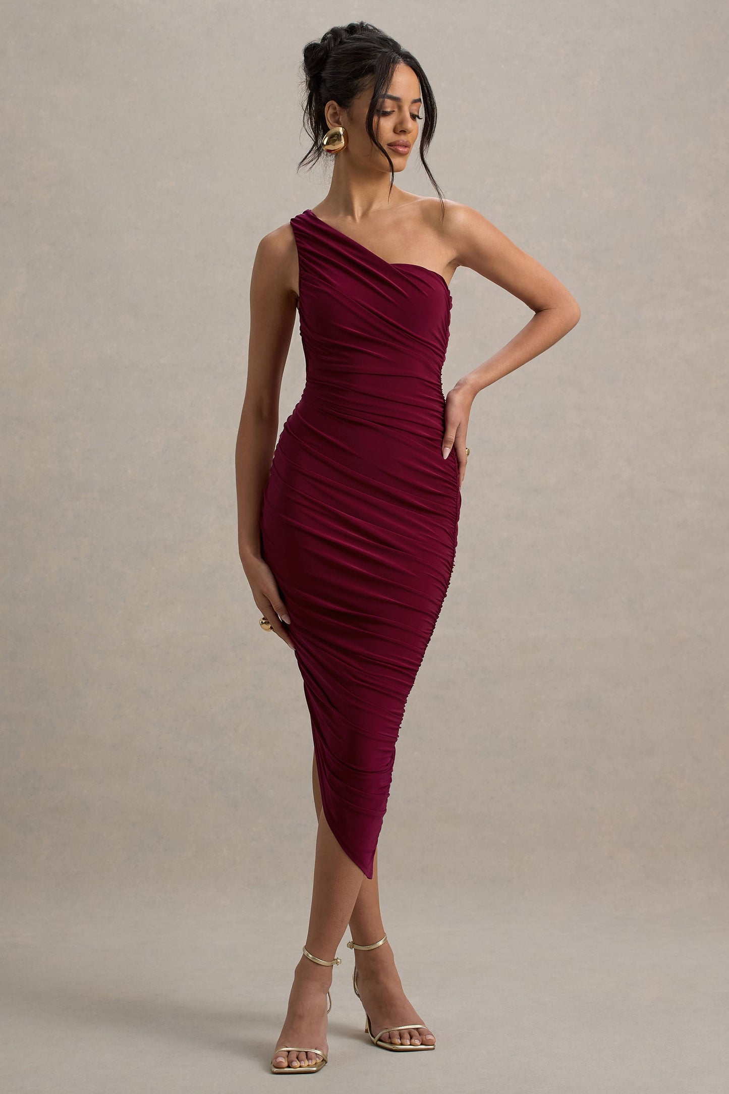 Dorit | Burgundy One Shoulder Asymmetric Ruched Midi Dress