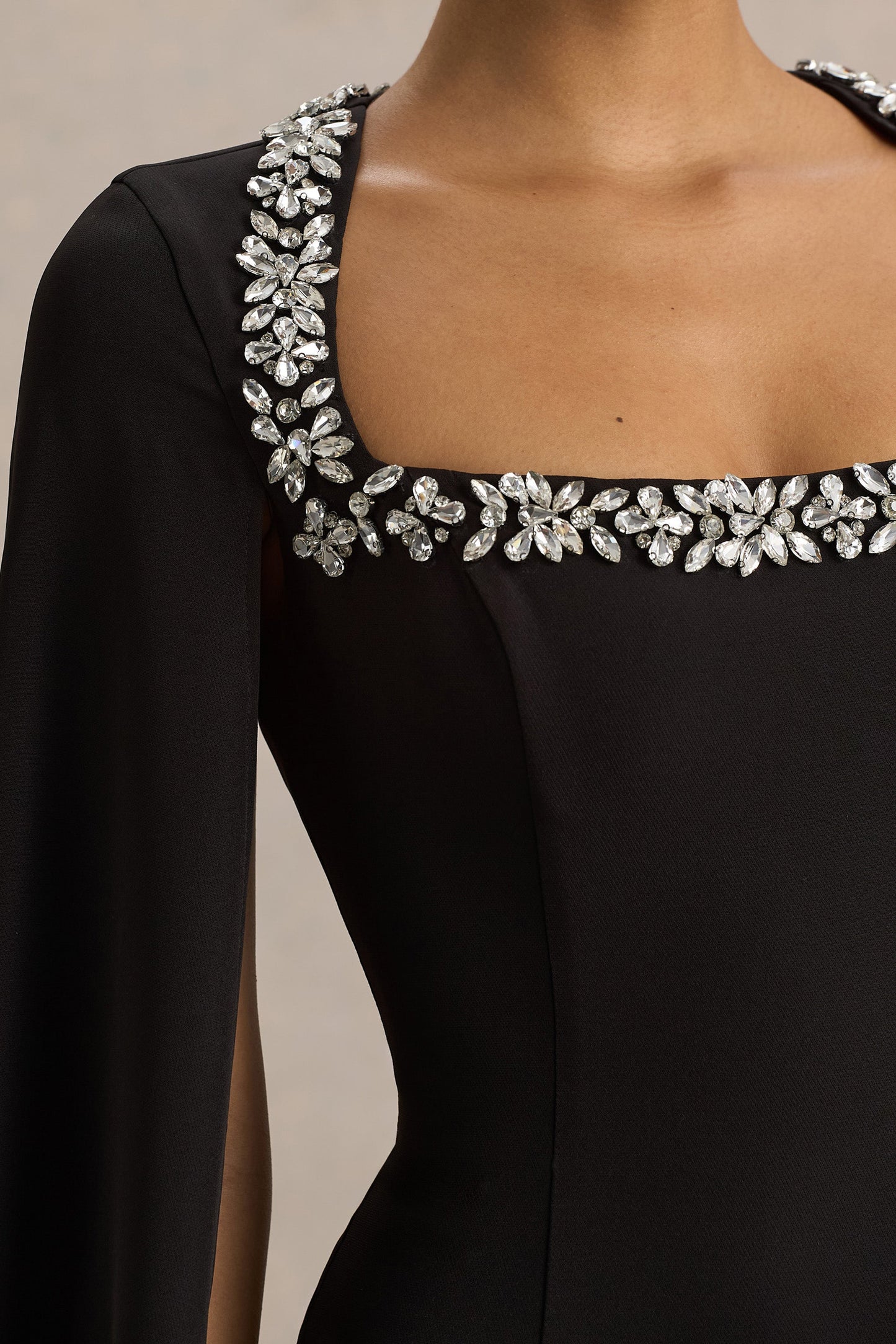 Glossy | Black Woven Square-Neck Maxi Dress With Cape Sleeves and Embellished Detail