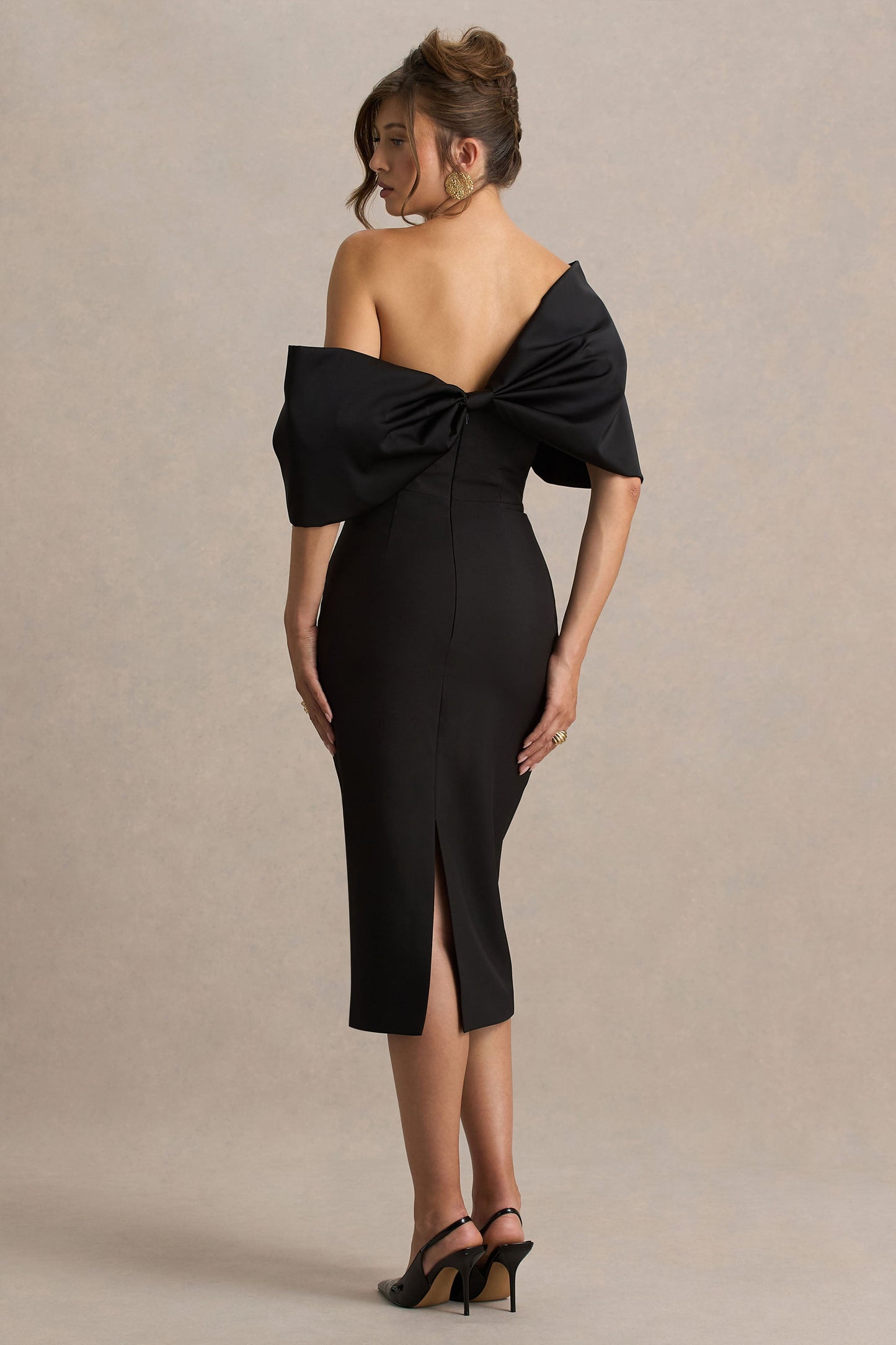 Lucille | Black Asymmetric Bardot Midi Dress