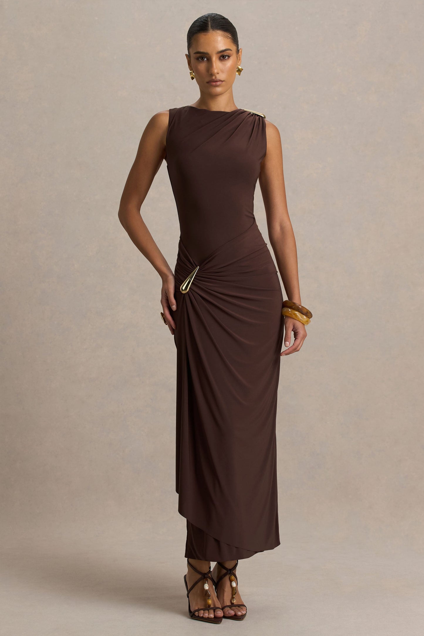 Fiora | Brown High-Neck Maxi Dress With Metal Detail