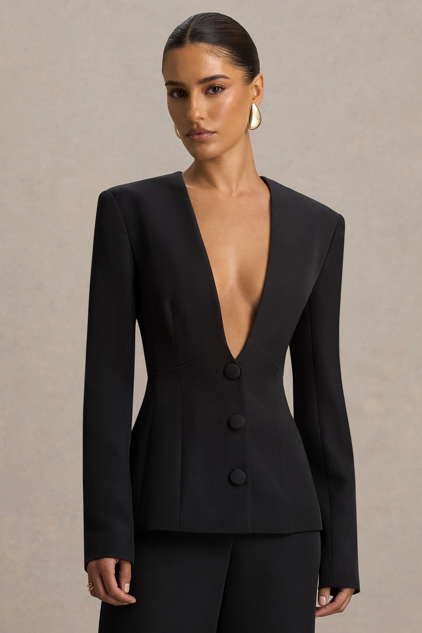 Rosalina | Black Extreme-Plunge Neck Tailored Blazer