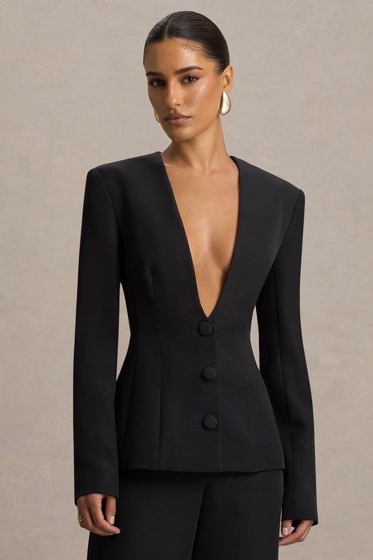 Rosalina | Black Extreme-Plunge Neck Tailored Blazer