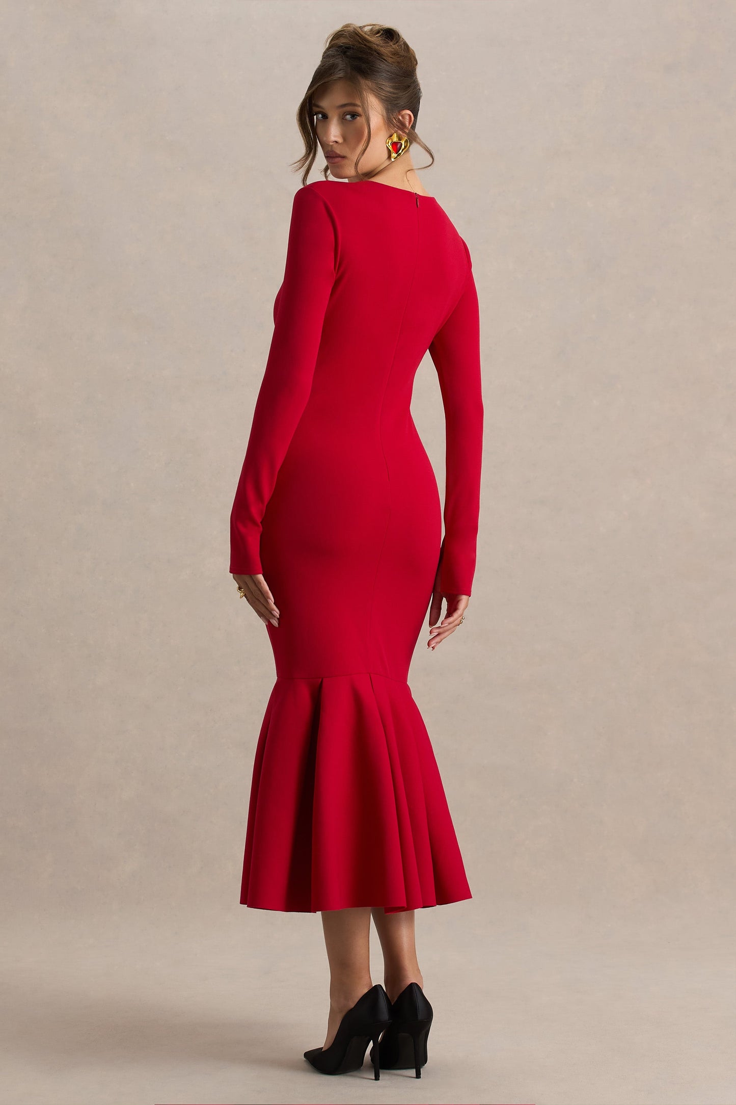 Liberty | Red High Neck Mermaid Maxi Dress With Ruffling Detail