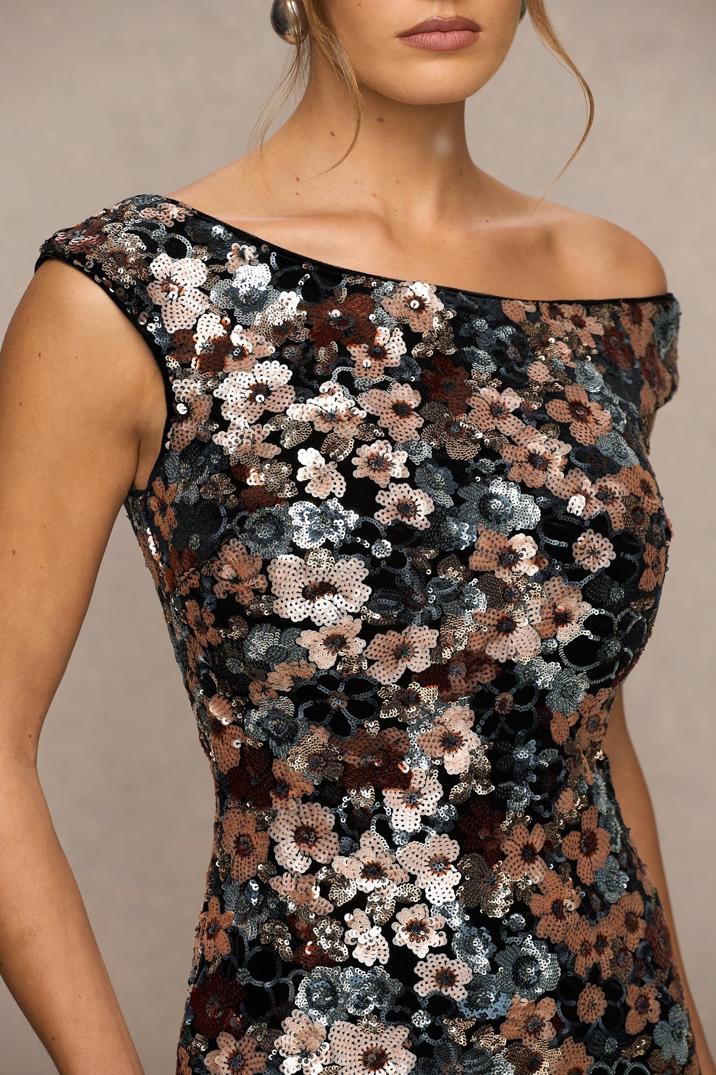 Electric | Black Sequin Floral Velvet Asymmetric-Neck Maxi Dress