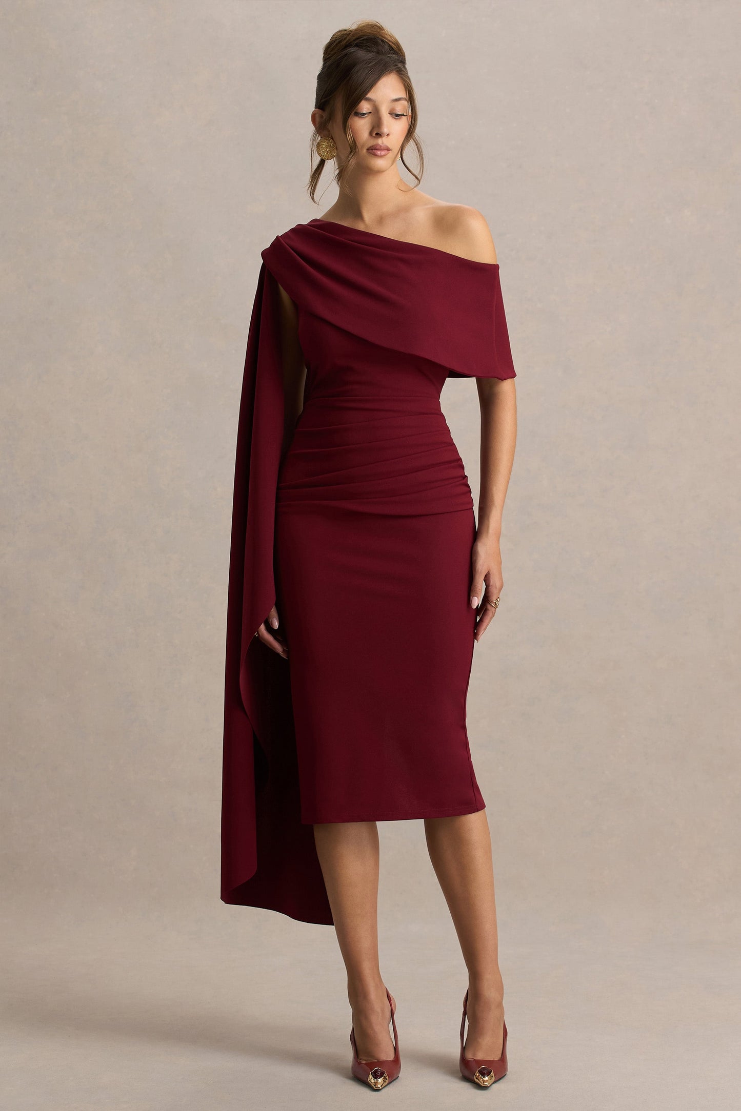 Leah | Burgundy Asymmetric-Neck Midi Dress With Cape-Sleeve And Draped Detailing