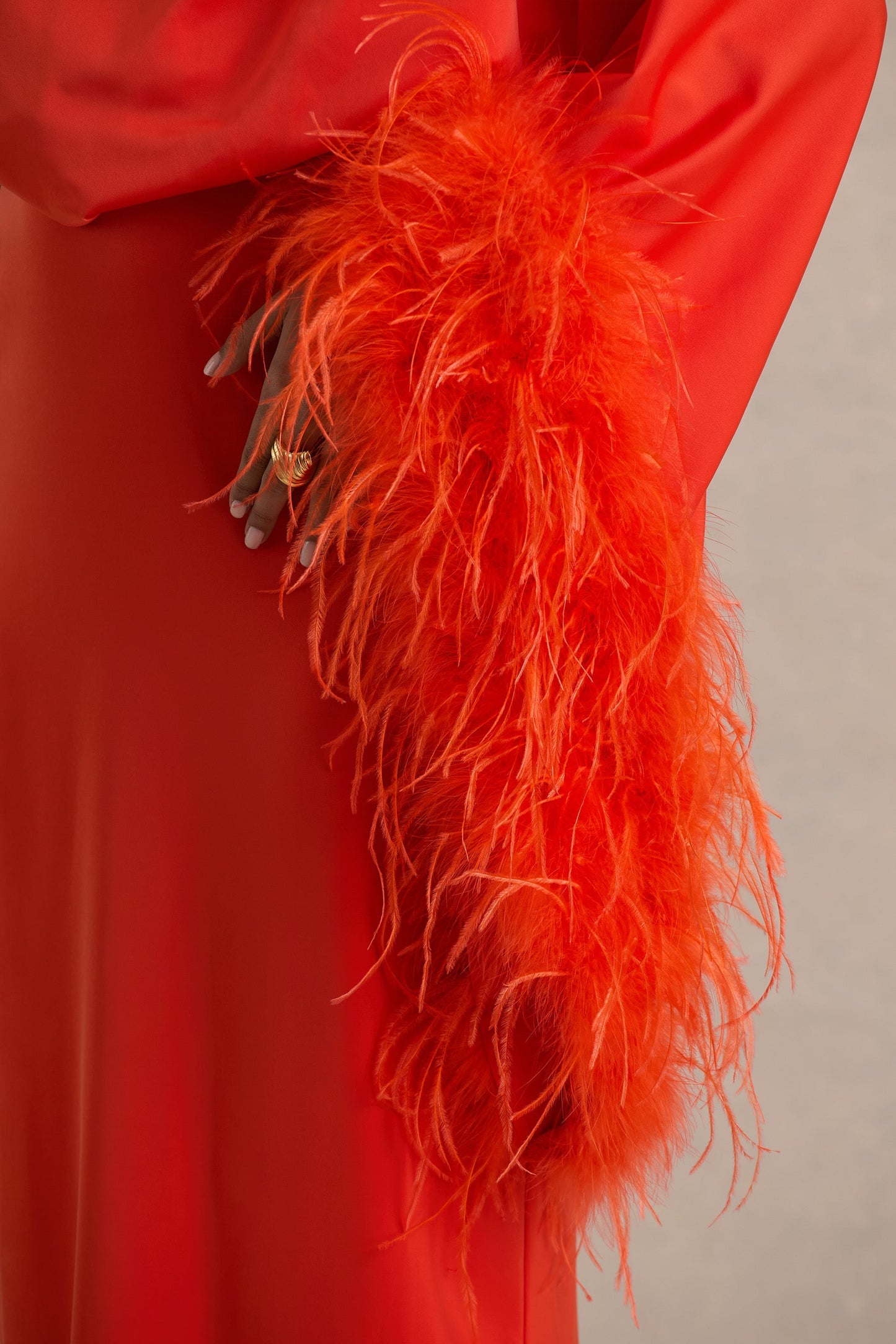 Felicity | Orange Satin Asymmetric-Neck Maxi Dress With Feather and Ruching Details