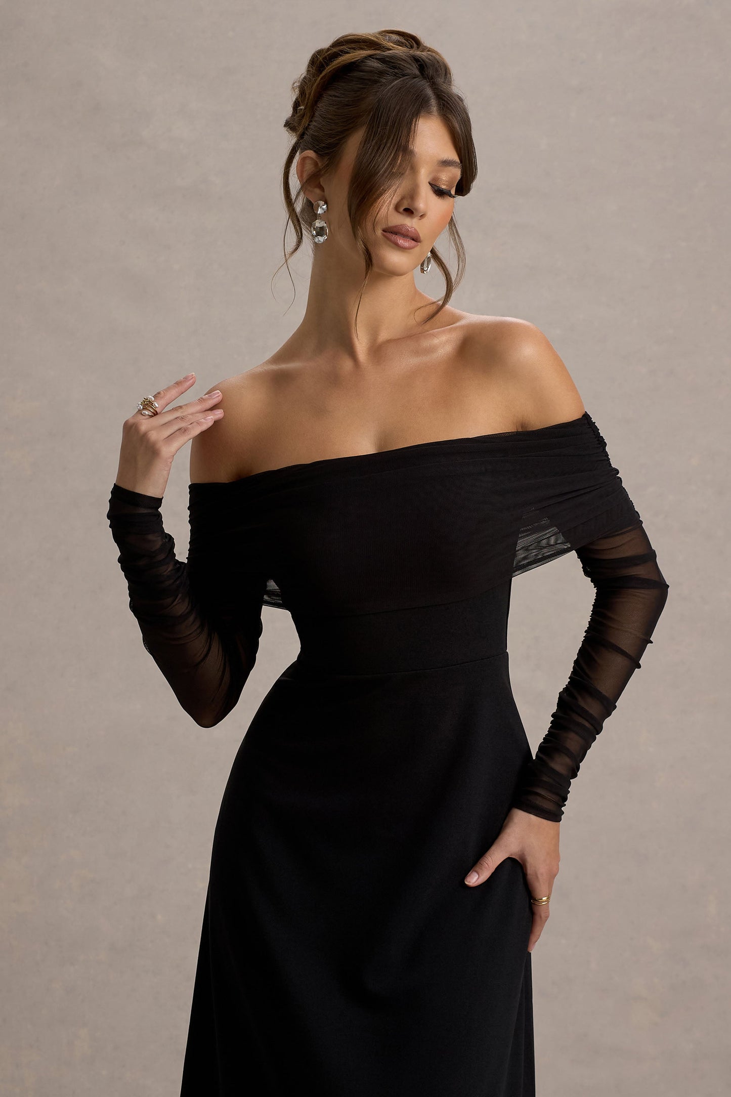 Missy | Black Bardot Long-Sleeve Midi Dress