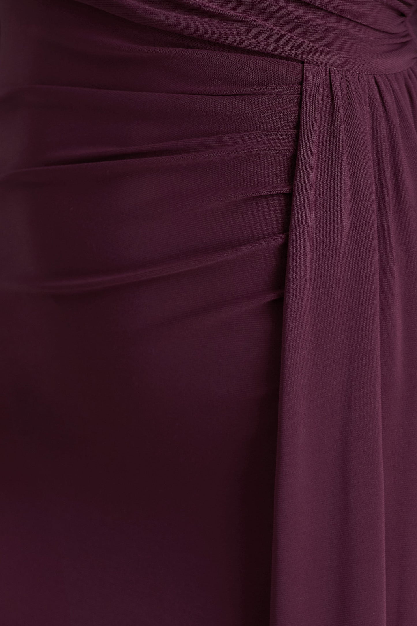 Anticipation | Burgundy High-Neck Maxi Dress With Front Split And Ruched Detailing