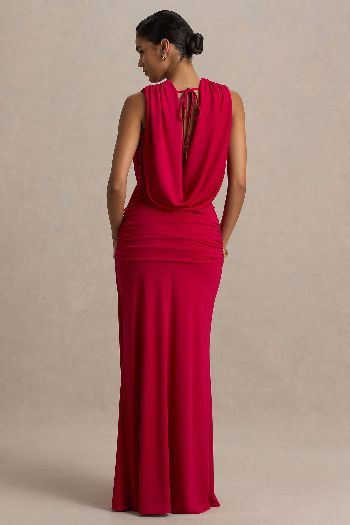 Serafina | Red Extreme-Plunge Maxi Dress With Ruched Detailing And Open-Back