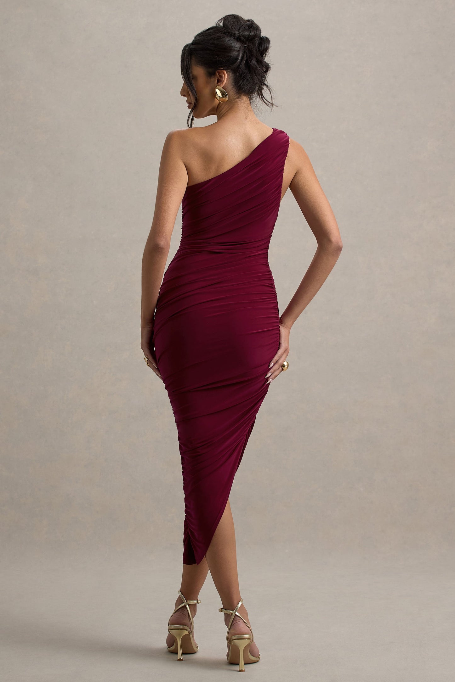 Dorit | Burgundy One Shoulder Asymmetric Ruched Midi Dress
