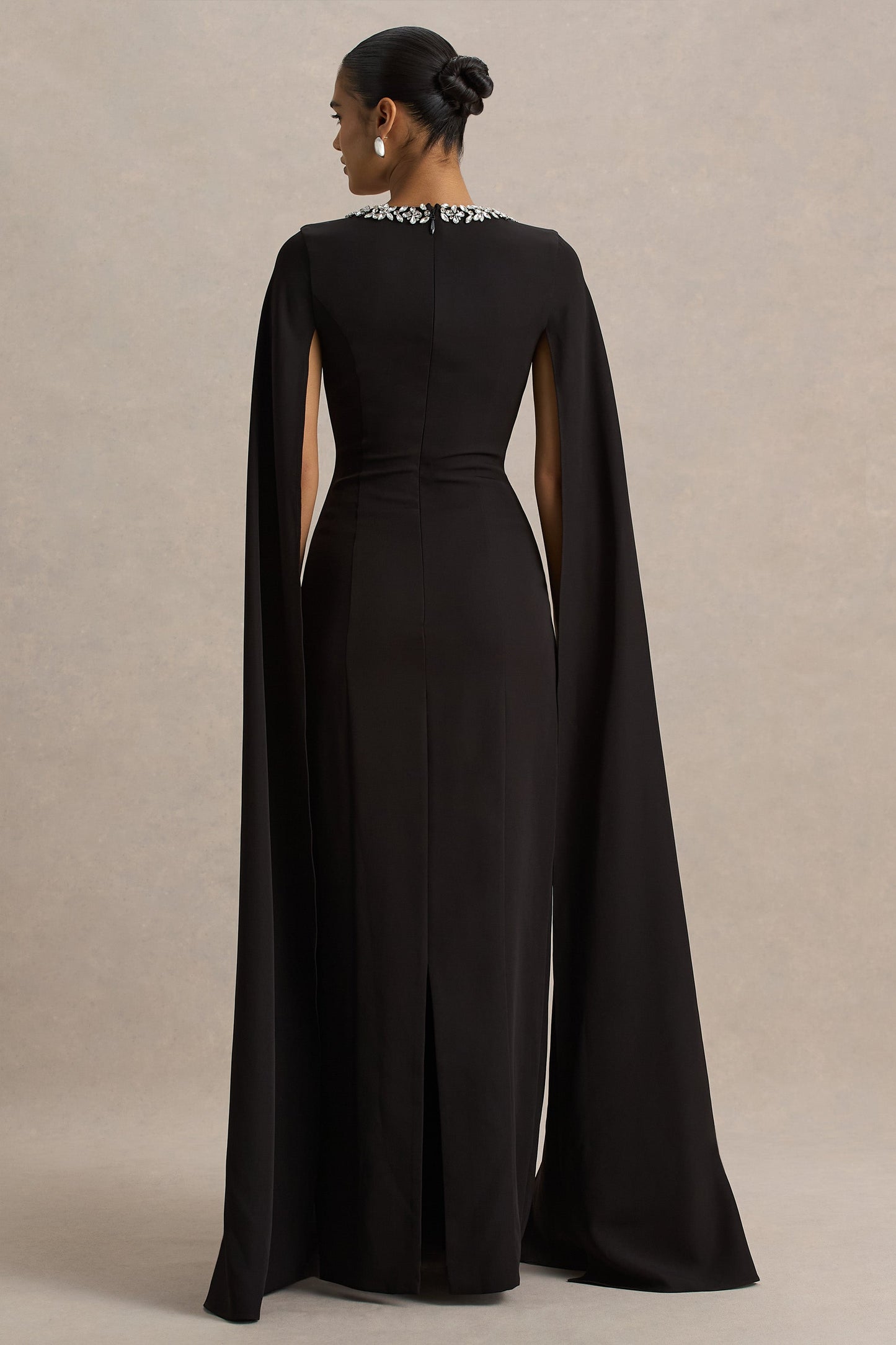 Glossy | Black Woven Square-Neck Maxi Dress With Cape Sleeves and Embellished Detail
