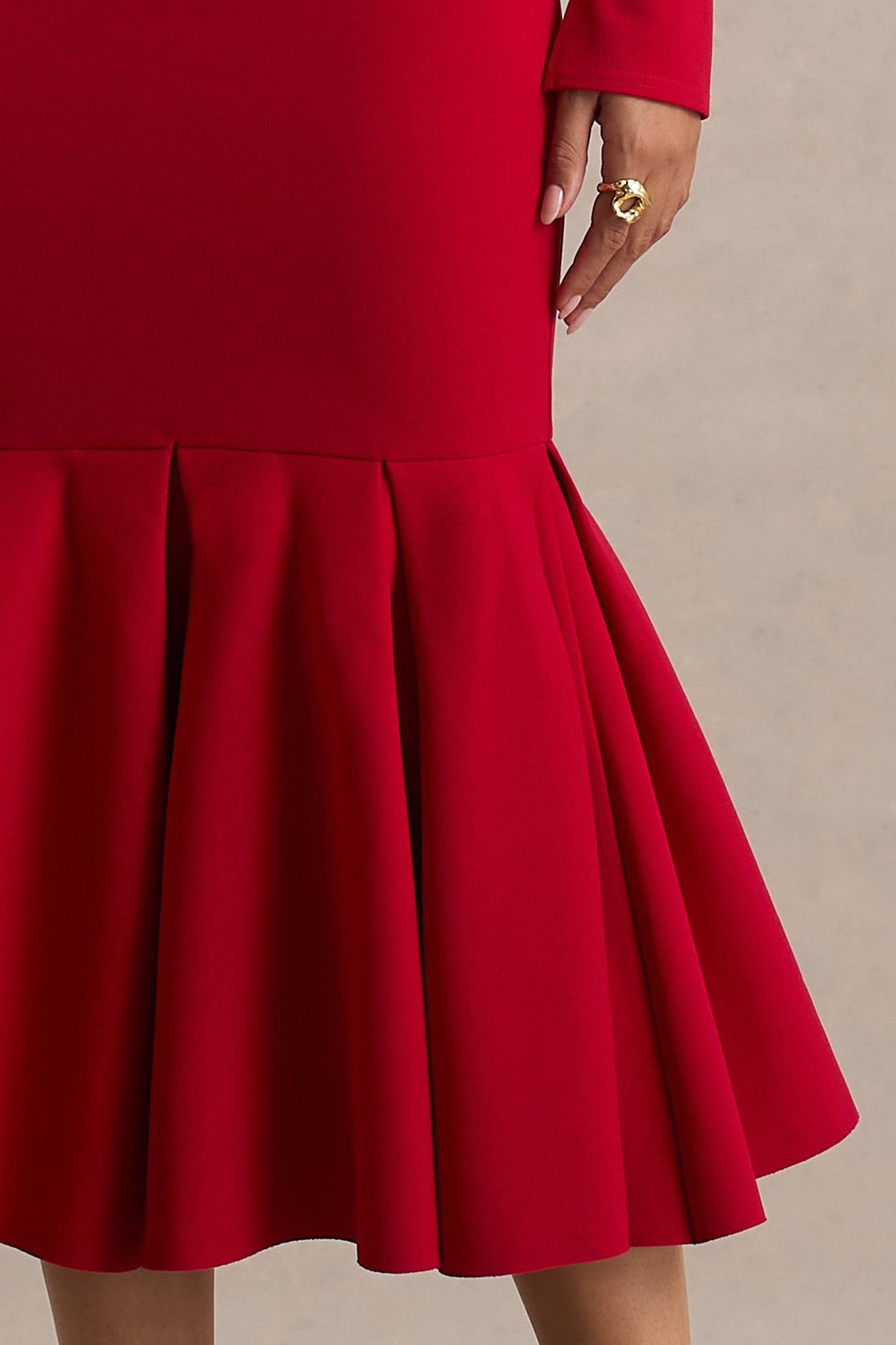 Liberty | Red High Neck Mermaid Maxi Dress With Ruffling Detail