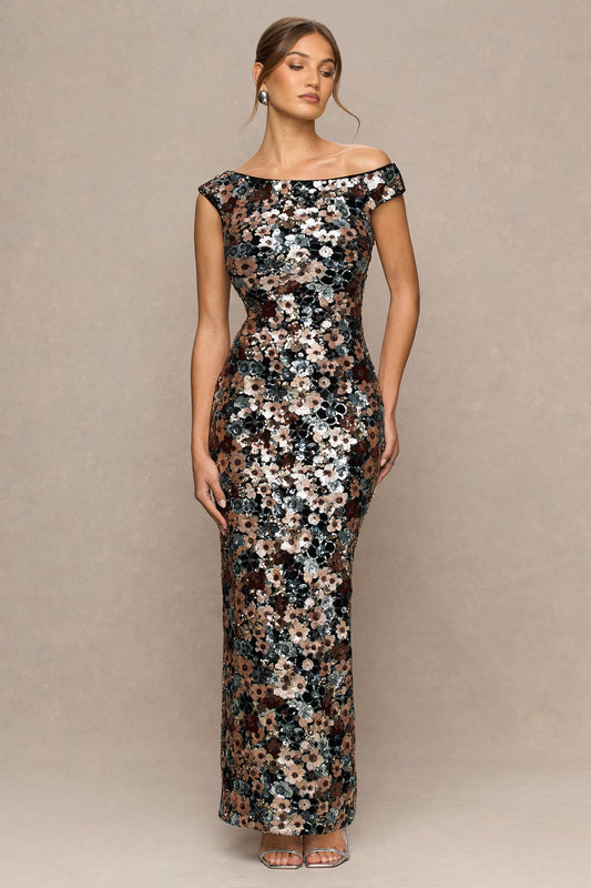 Electric | Black Sequin Floral Velvet Asymmetric-Neck Maxi Dress