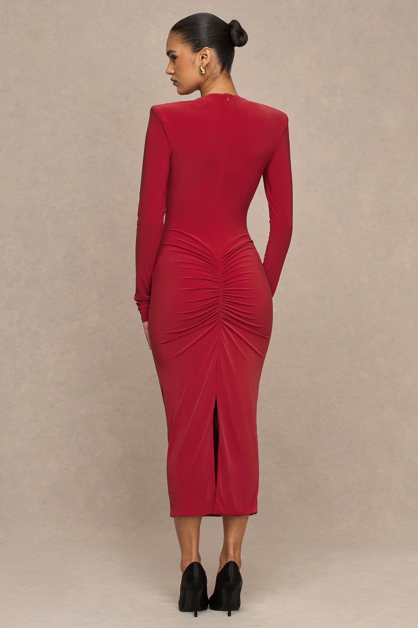 Ivara | Red Plunge-Neck Maxi Dress With Ruched Detailing And Sash