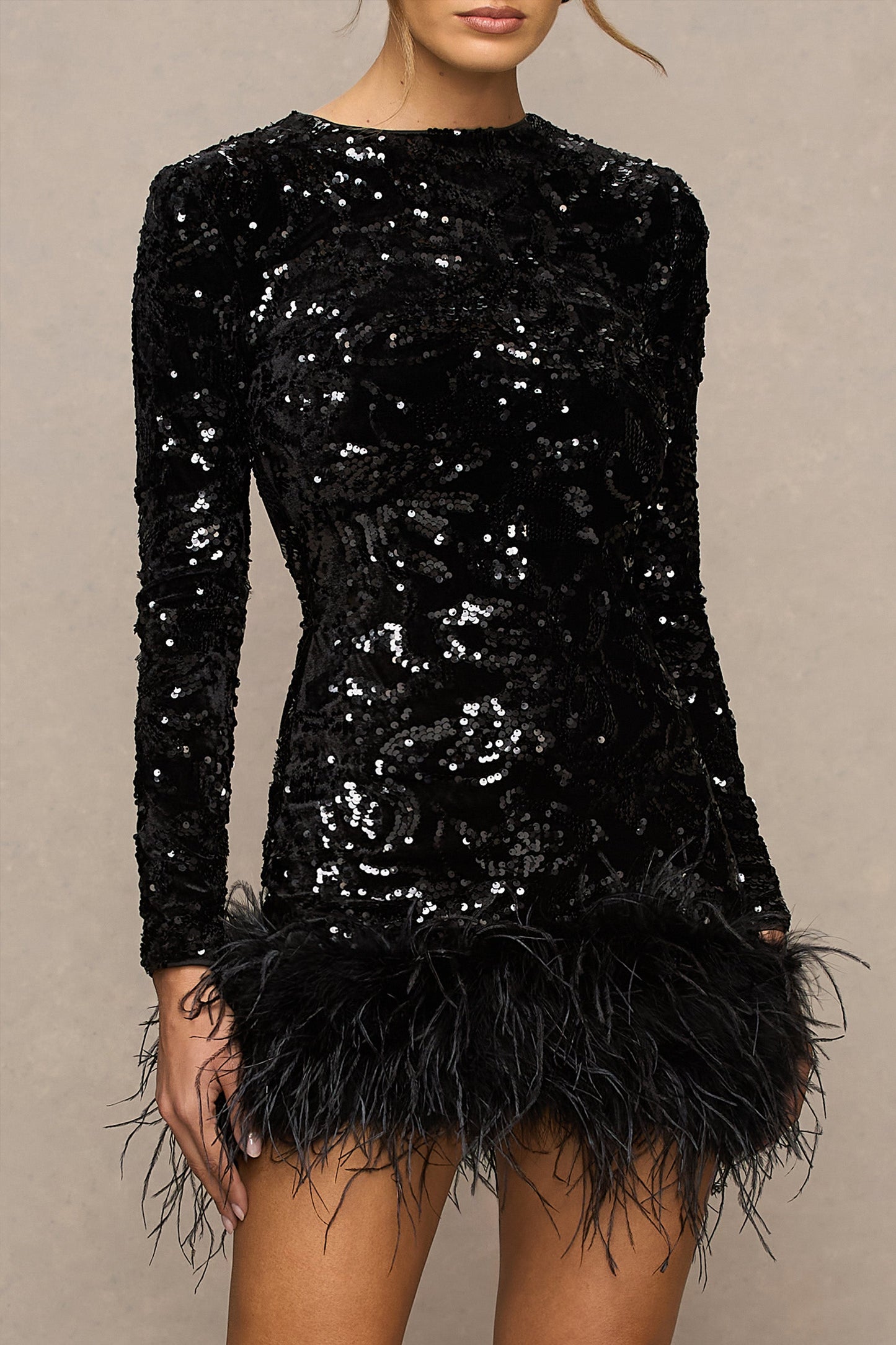 Stardust | Black Sequined Velvet Crew-Neck Mini Dress With Feather Trim