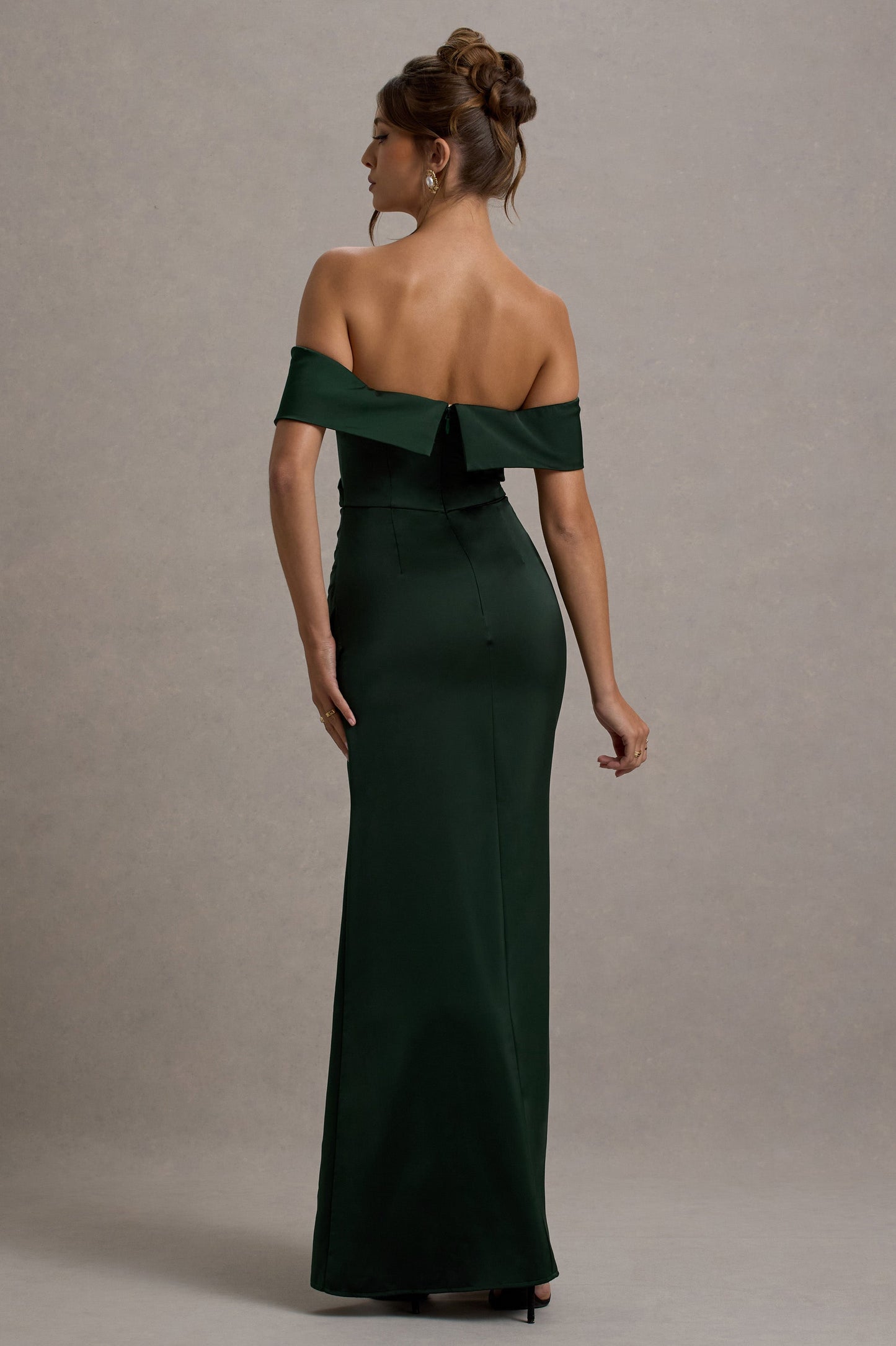 Martine | Bottle Green Satin Bardot Wrap Maxi Dress