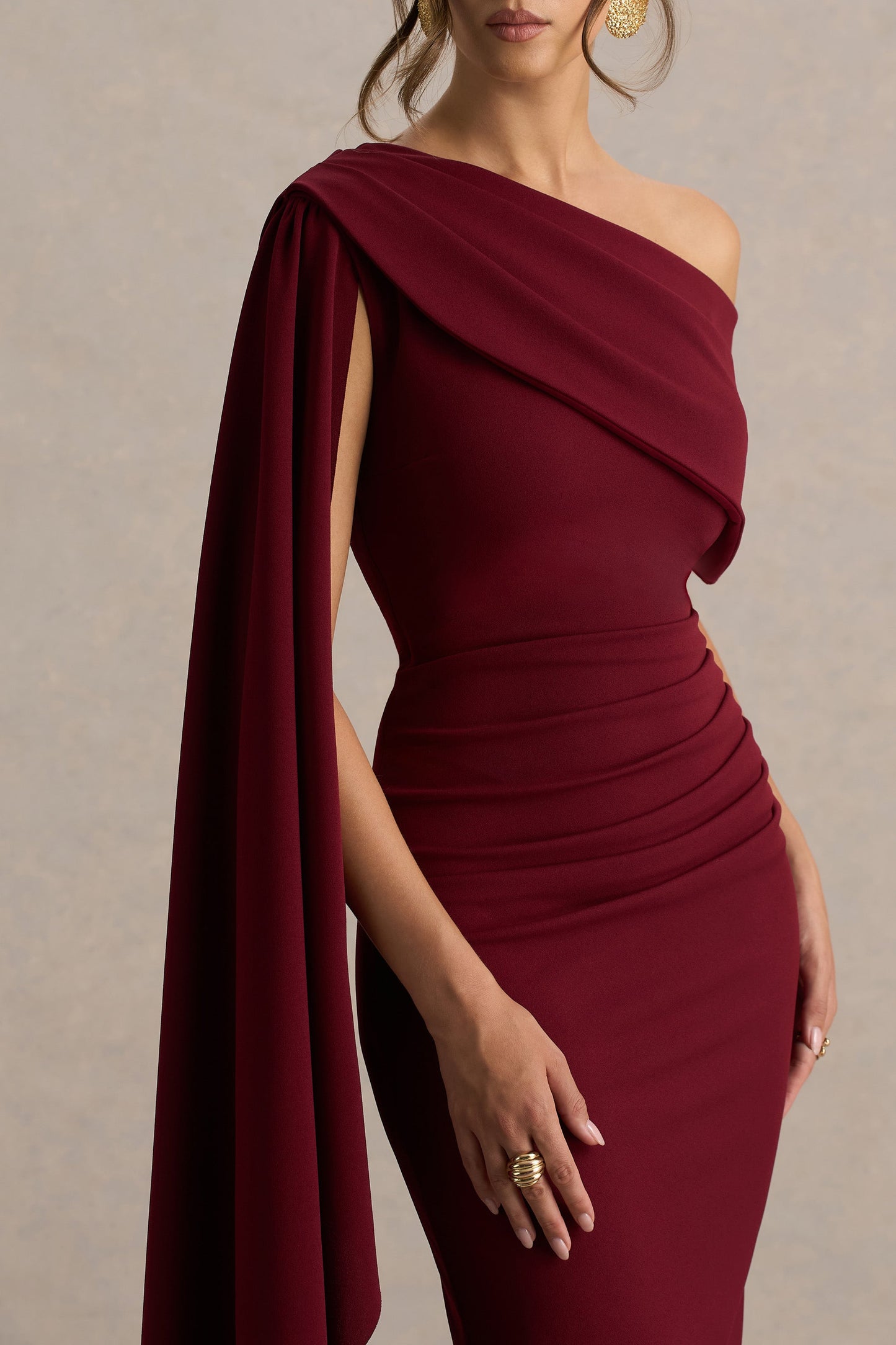 Leah | Burgundy Asymmetric-Neck Midi Dress With Cape-Sleeve And Draped Detailing
