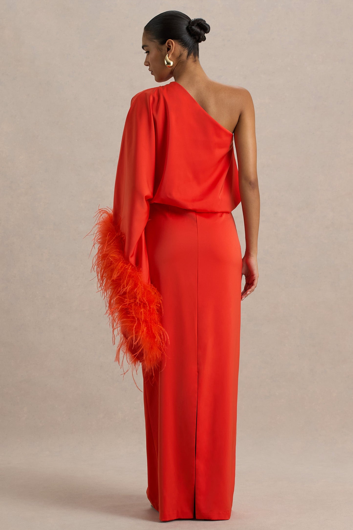 Felicity | Orange Satin Asymmetric-Neck Maxi Dress With Feather and Ruching Details