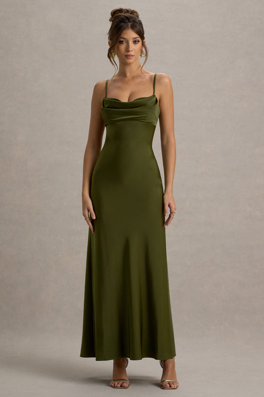 Eimear | Olive Green Satin Draped Sweetheart Maxi Dress