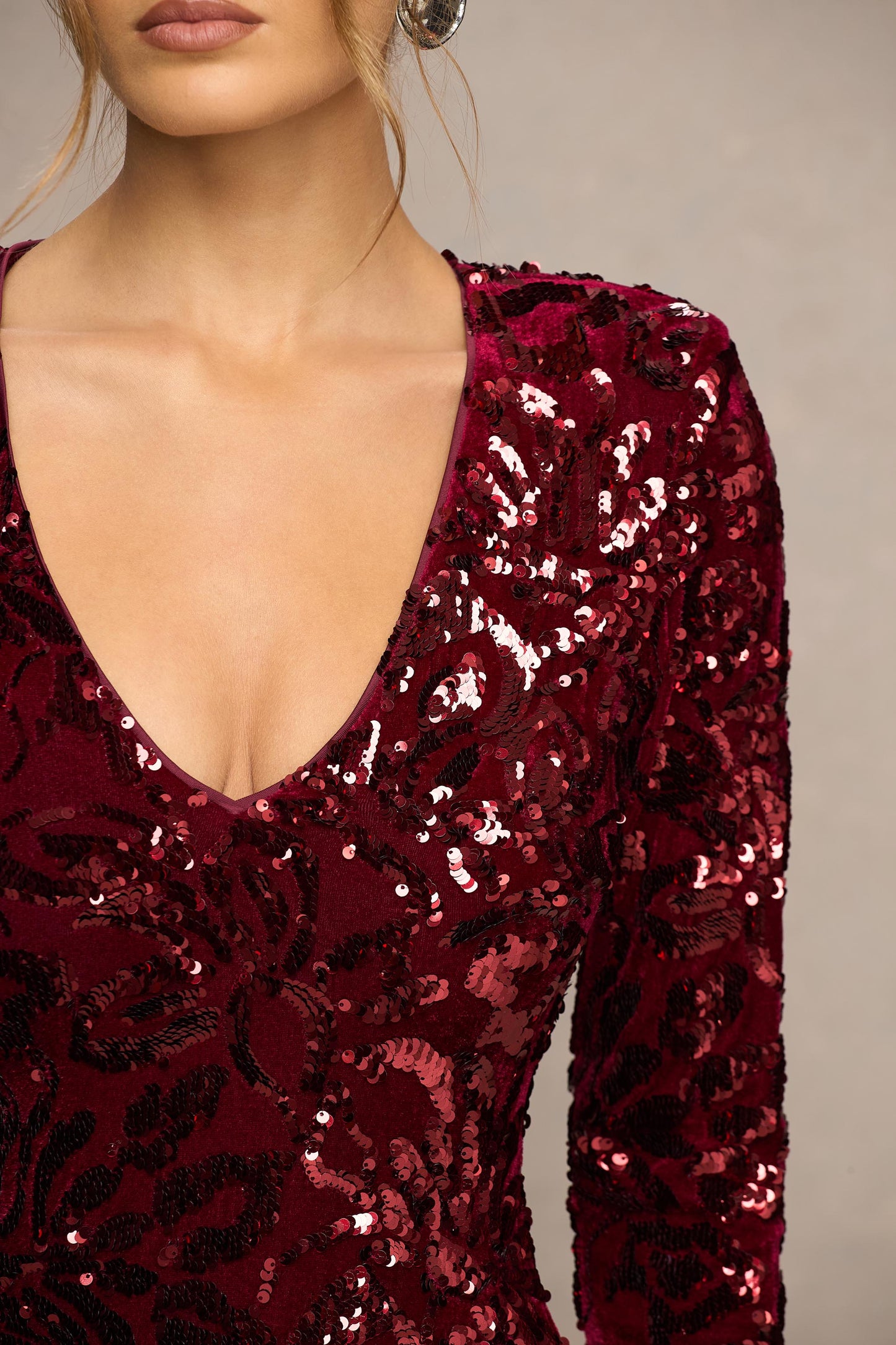Ritz | Burgundy Sequin Plunge-Neck Mini Dress With Long Sleeves