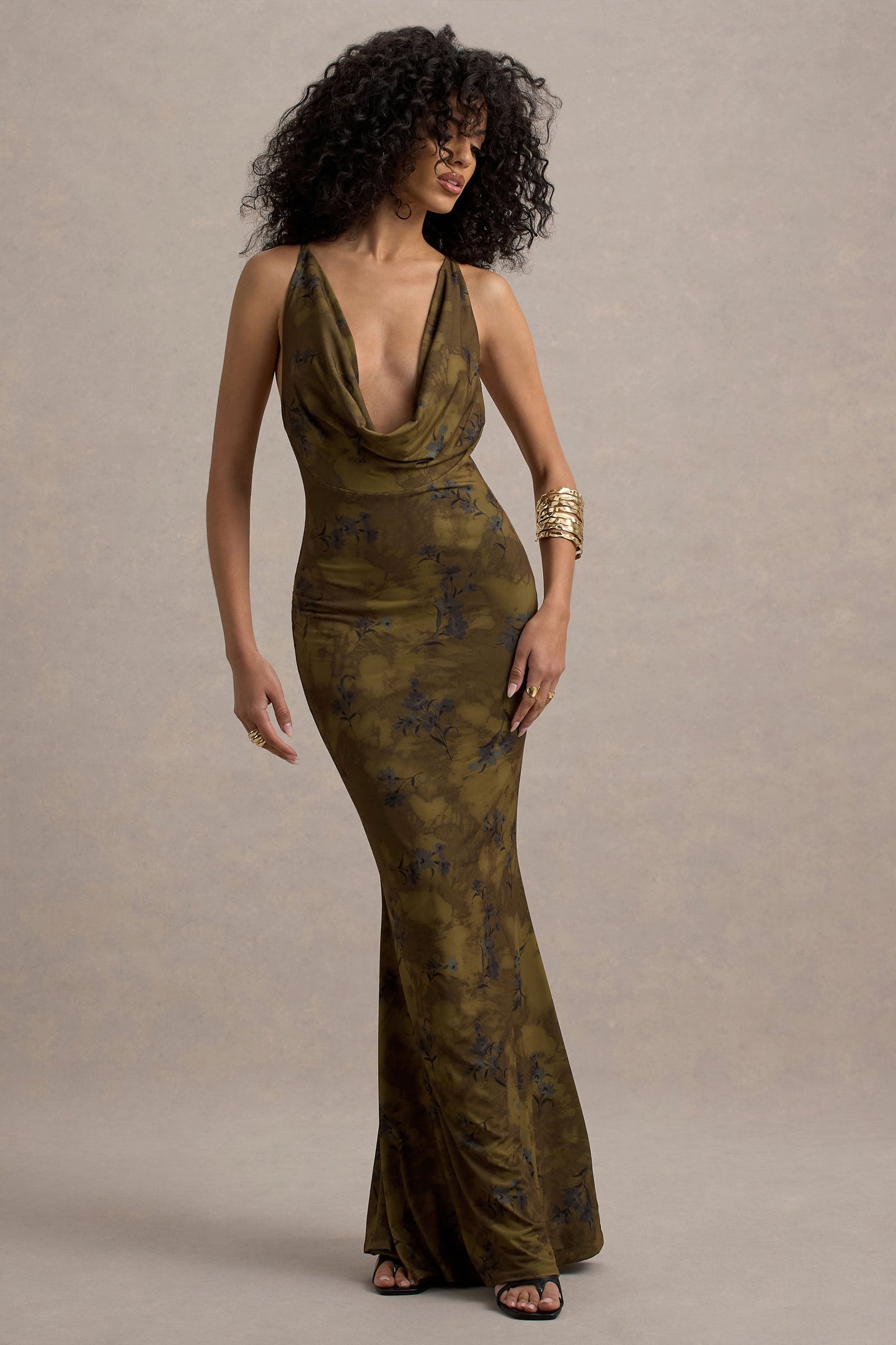Allana | Yellow Floral Print Cowl-Neck Open-Back Maxi Dress