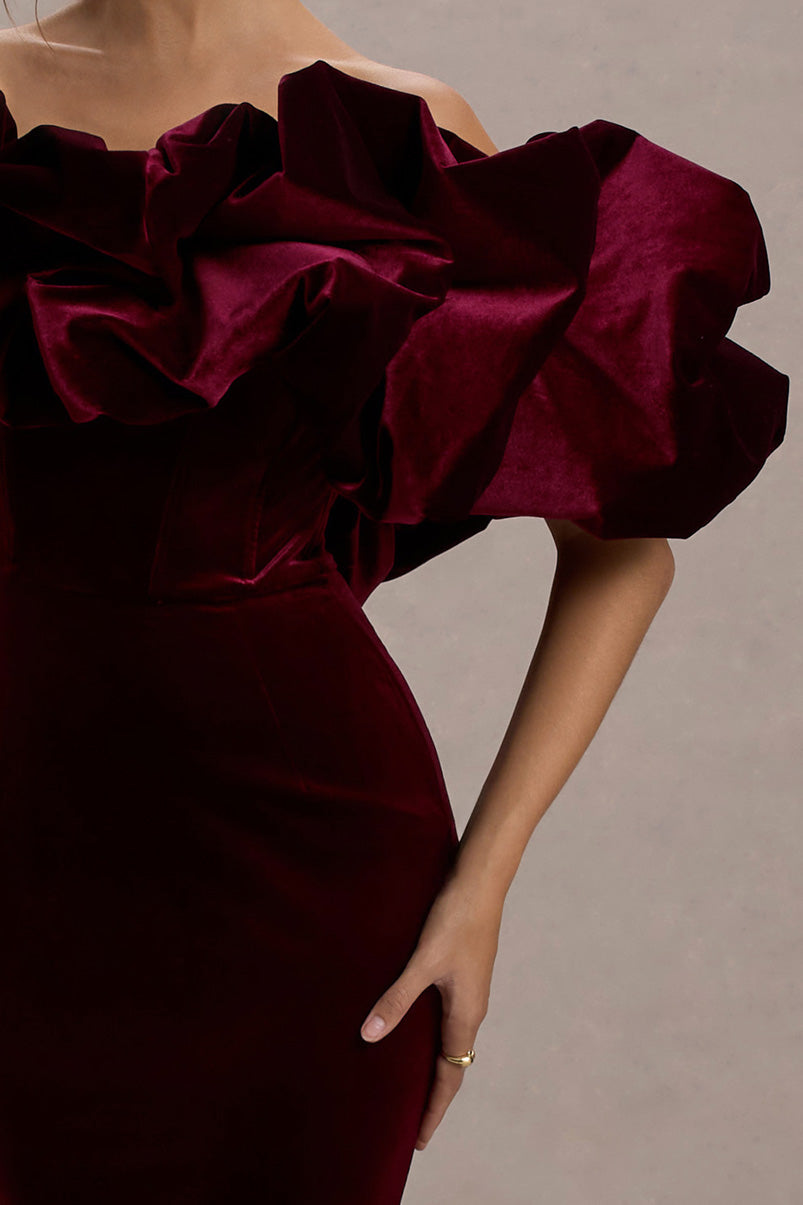 Cecily | Port Velvet Bardot Maxi Dress With Velvet Ruffle Trim