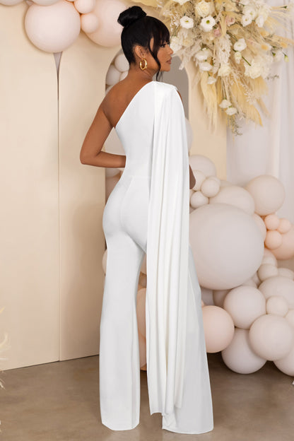 Sing To Sleep | White Maternity One Shoulder Cape Jumpsuit