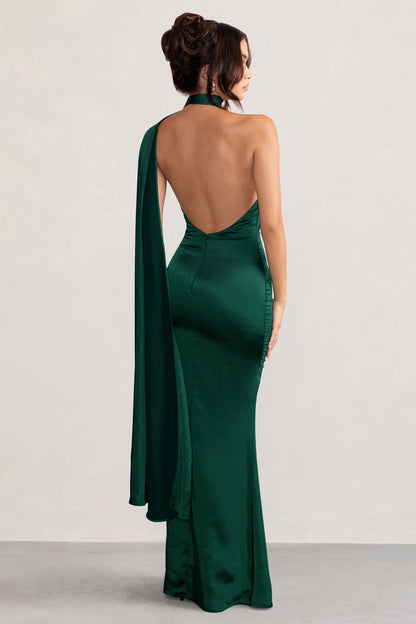 Mademoiselle | Bottle Green Satin Asymmetric Scarf Neck Backless Maxi Dress