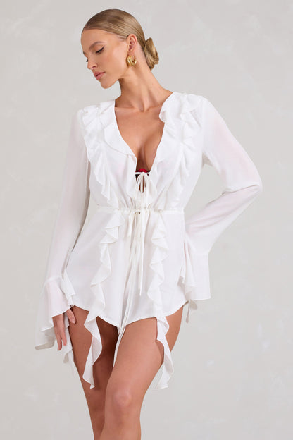 Sauvage | White Chiffon Ruffle Plunge Long Sleeve Playsuit