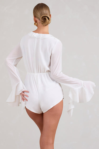 Sauvage | White Chiffon Ruffle Plunge Long Sleeve Playsuit