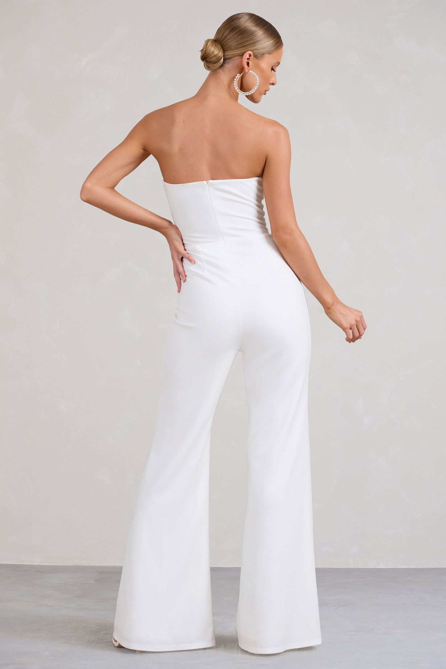 Tracey | White Strapless Bandeau Flared-Leg Jumpsuit