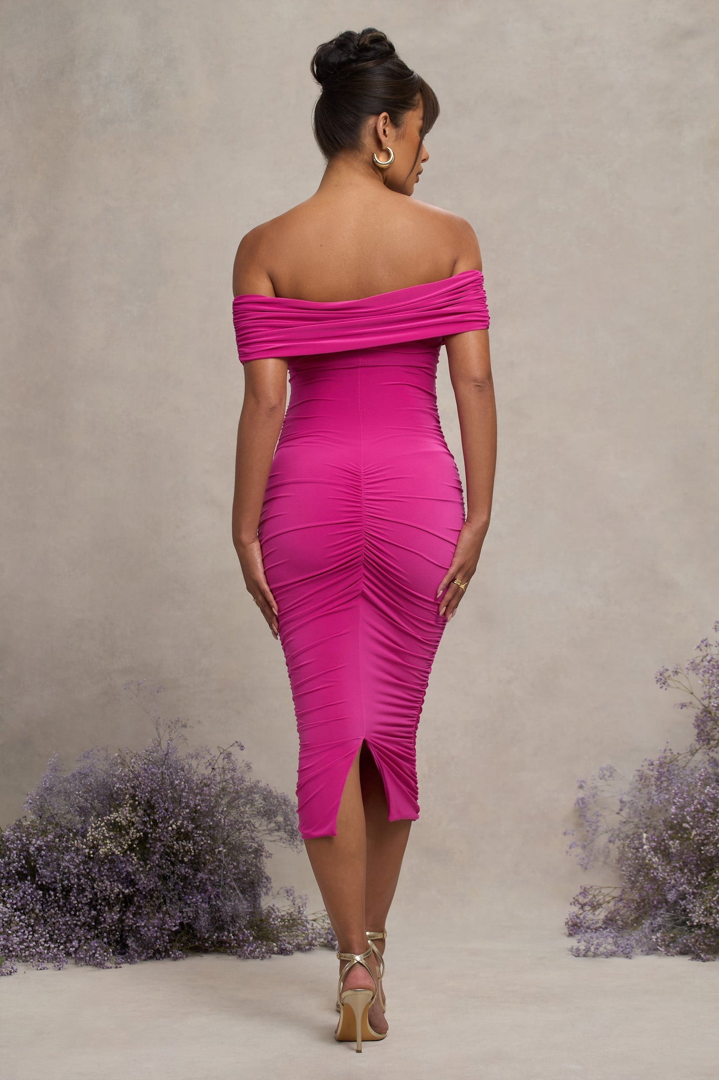 Unwrapped | Dark Pink Ruched Twist Bardot Maternity Midi Dress