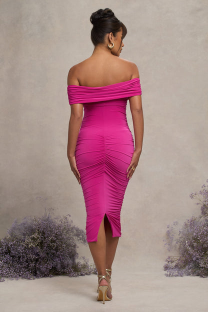 Unwrapped | Dark Pink Ruched Twist Bardot Maternity Midi Dress