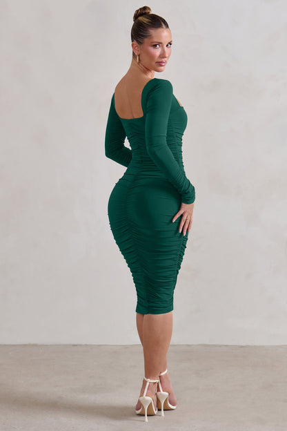 Seductress | Bottle Green Square Neck Bodycon Midi Dress With Long Sleeves
