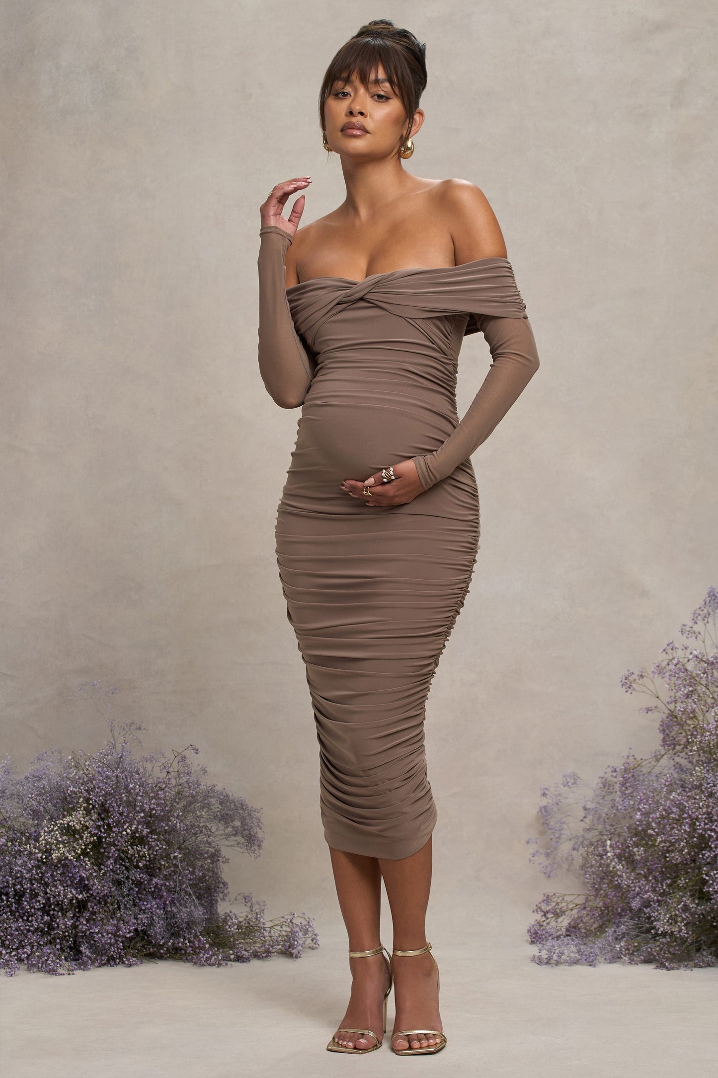 Neva | Mocha Bardot Twist Maternity Midi Dress