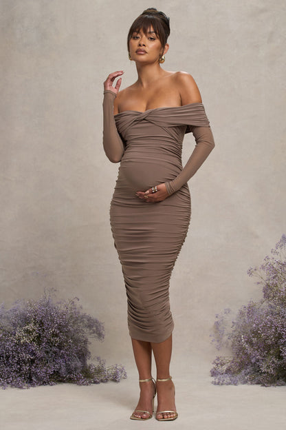 Neva | Mocha Bardot Twist Maternity Midi Dress