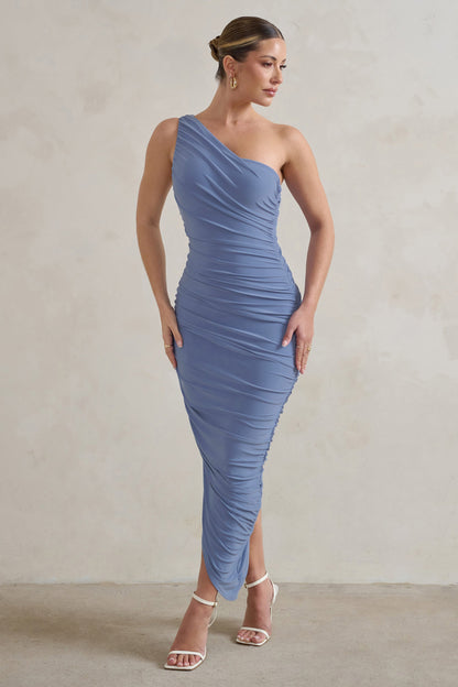 Dorit | Blue One Shoulder Asymmetric Ruched Midi Dress
