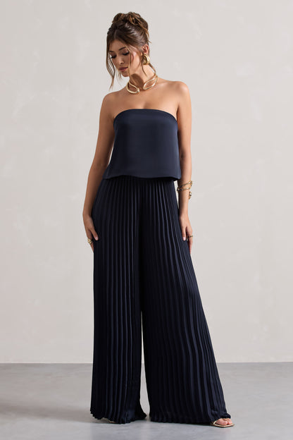 Tammi | Navy Satin Strapless Plisse Wide-Leg Jumpsuit