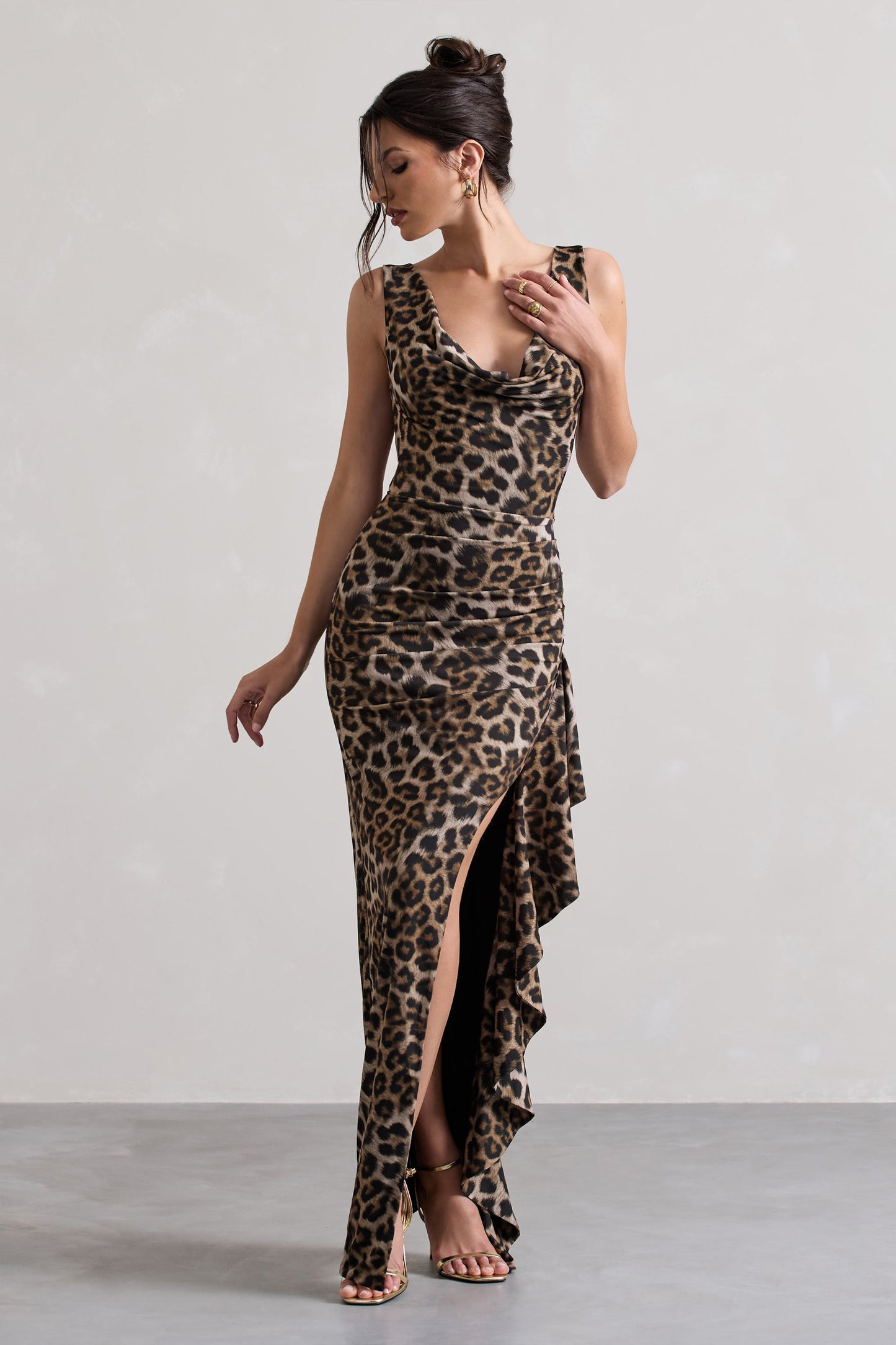 Kaida | Leopard Print Cowl-Neck Ruffled Split Maxi Dress