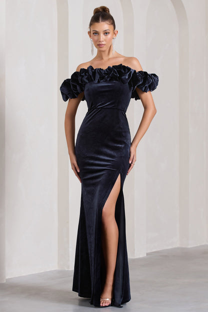 Esmeralda | Navy Velvet Structured Ruffled Bardot Maxi Dress