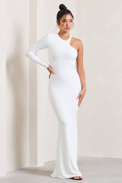 Tyra | White Asymmetric Neck Cut Out Maxi Dress With Open Back Detail