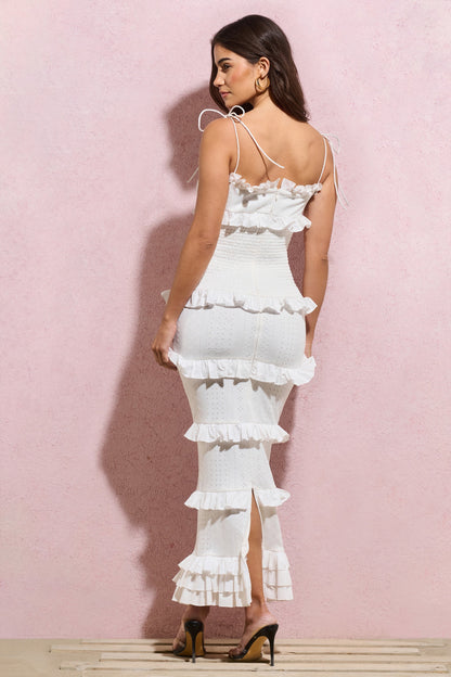 Lauren | White Broderie Strappy Ruffled Maxi Dress