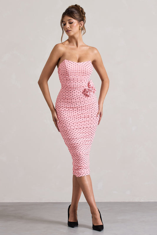 Lille | Pink Polka Dot Ruched Mesh Strapless Midi Dress With Corsage