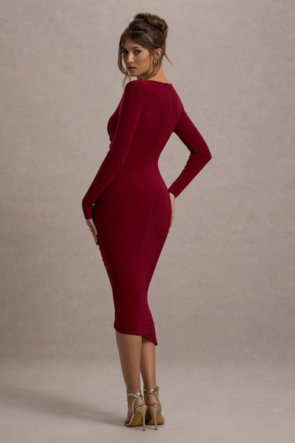 Lilia | Berry Ruched Asymmetric Midi Dress