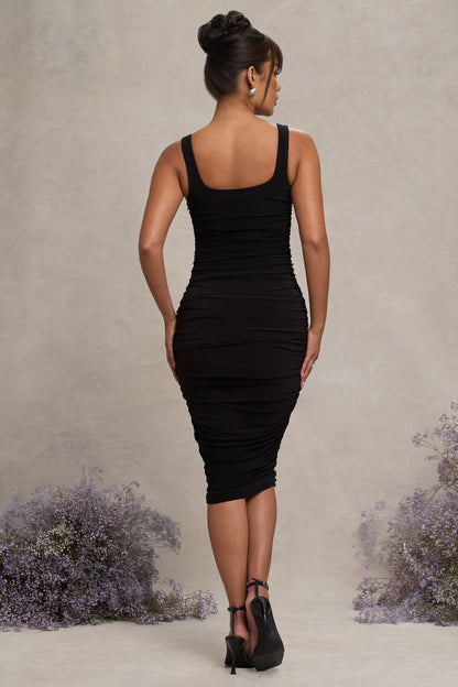 Lisbon | Black Maternity Square Neck Ruched Midi Dress
